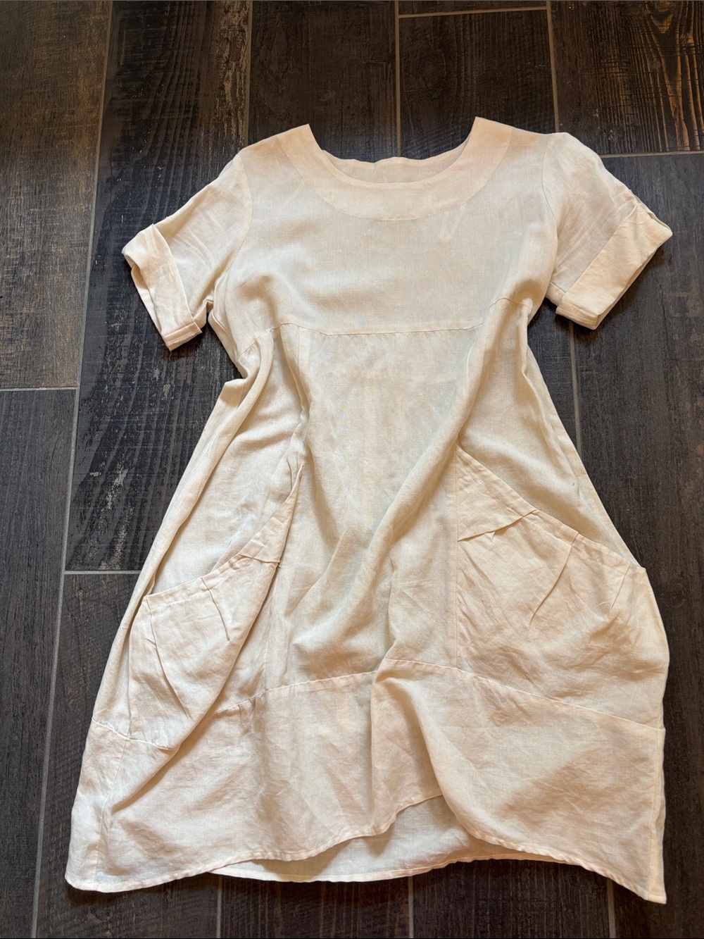 Women's Cream Short-Sleeve Linen Dress with Pockets